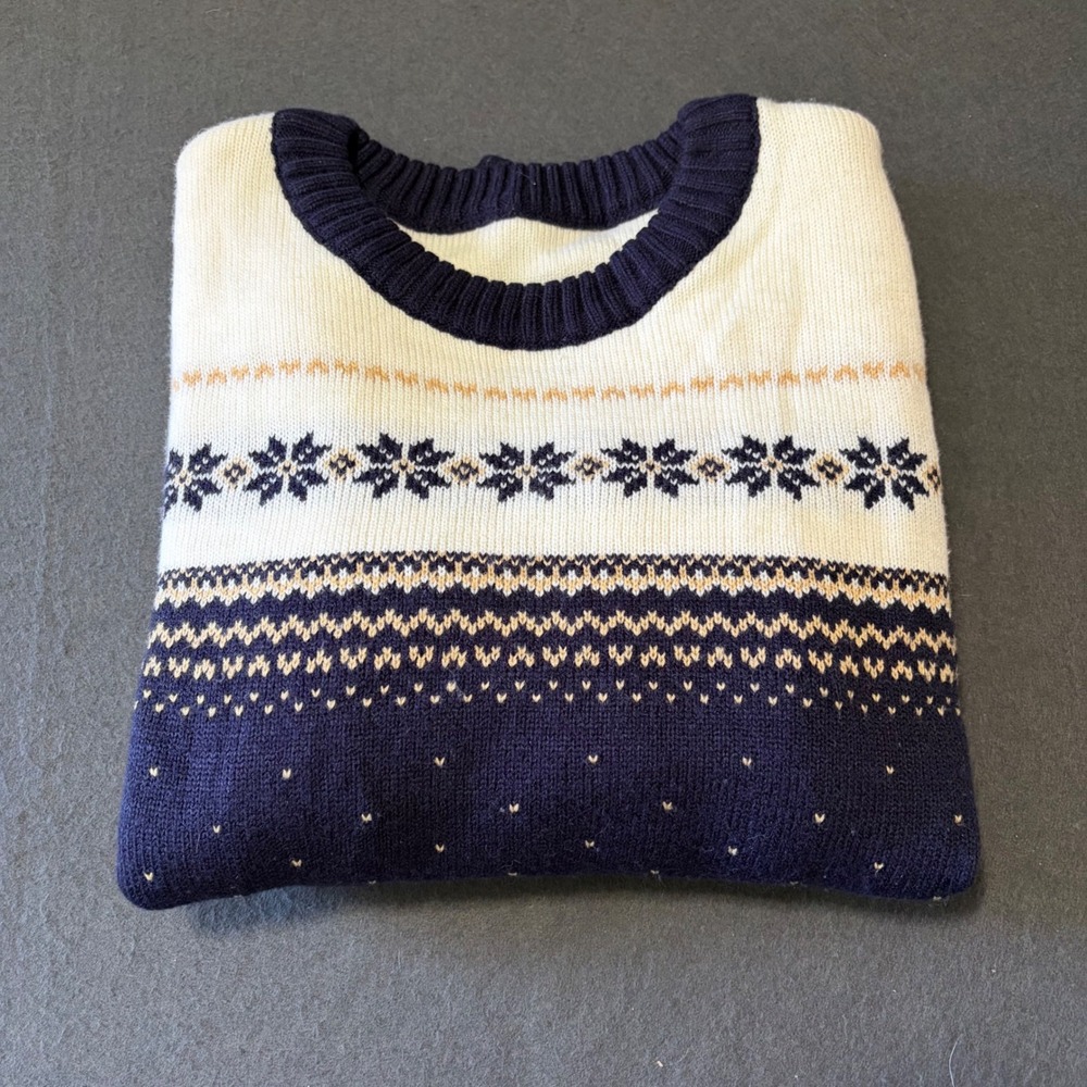 Fair Isle Sweater Mens L Navy Blue Pattern Fall Pullover Breathable Comfort
